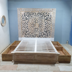 Handmade Carved Indian Furniture Wood king size bed Whitewash 183x203 cm