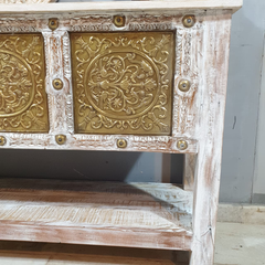 Handmade Indian Furniture Solid Hard Wood Carved Brass Work Console Table 165x40x80Cm