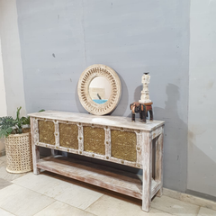 Handmade Indian Furniture Solid Hard Wood Carved Brass Work Console Table 165x40x80Cm