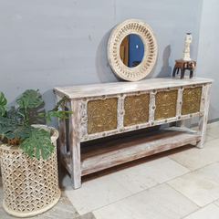 Handmade Indian Furniture Solid Hard Wood Carved Brass Work Console Table 165x40x80Cm