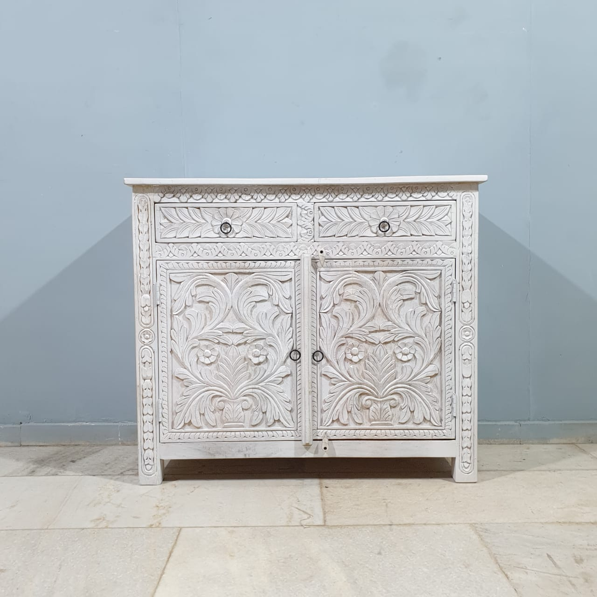 Handmade Indian Furniture Solid Hard Wood Carved 2 Doors and 2 Drawers Sideboard All White 100x40x90Cm