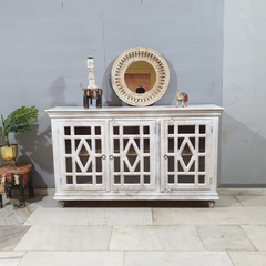 Indian Furniture Handmade Solid Wood Sideboard White Rustic Carved Jali Doors 150x45x90Cm