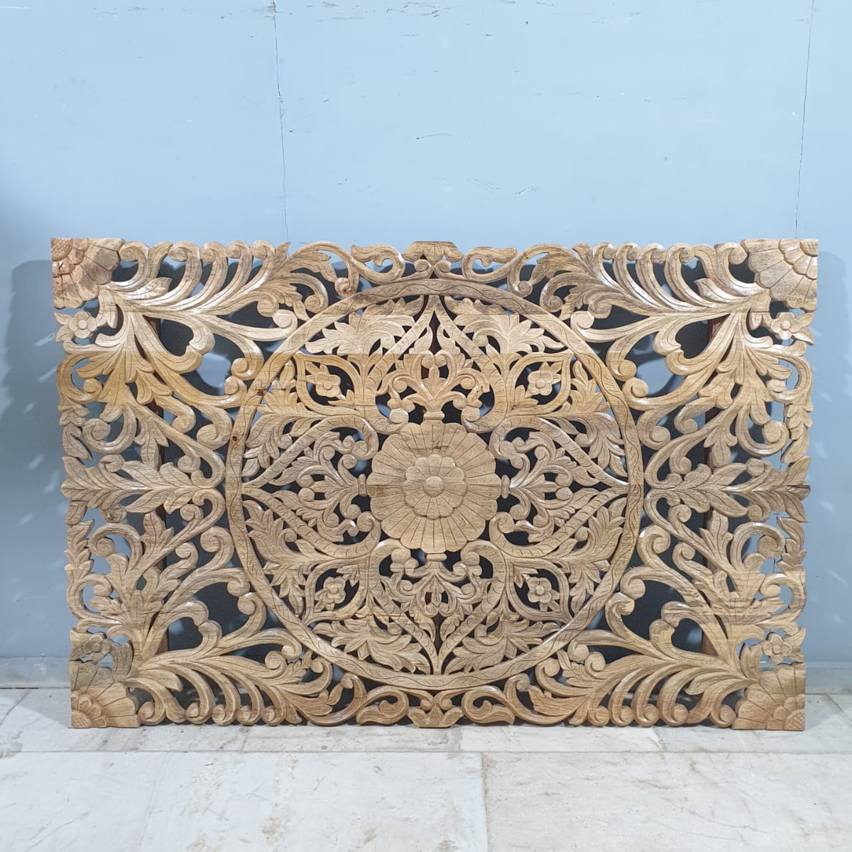 Handmade Indian Furniture Solid Mango Wood Floral Carvings Wall Panel Natural Finish