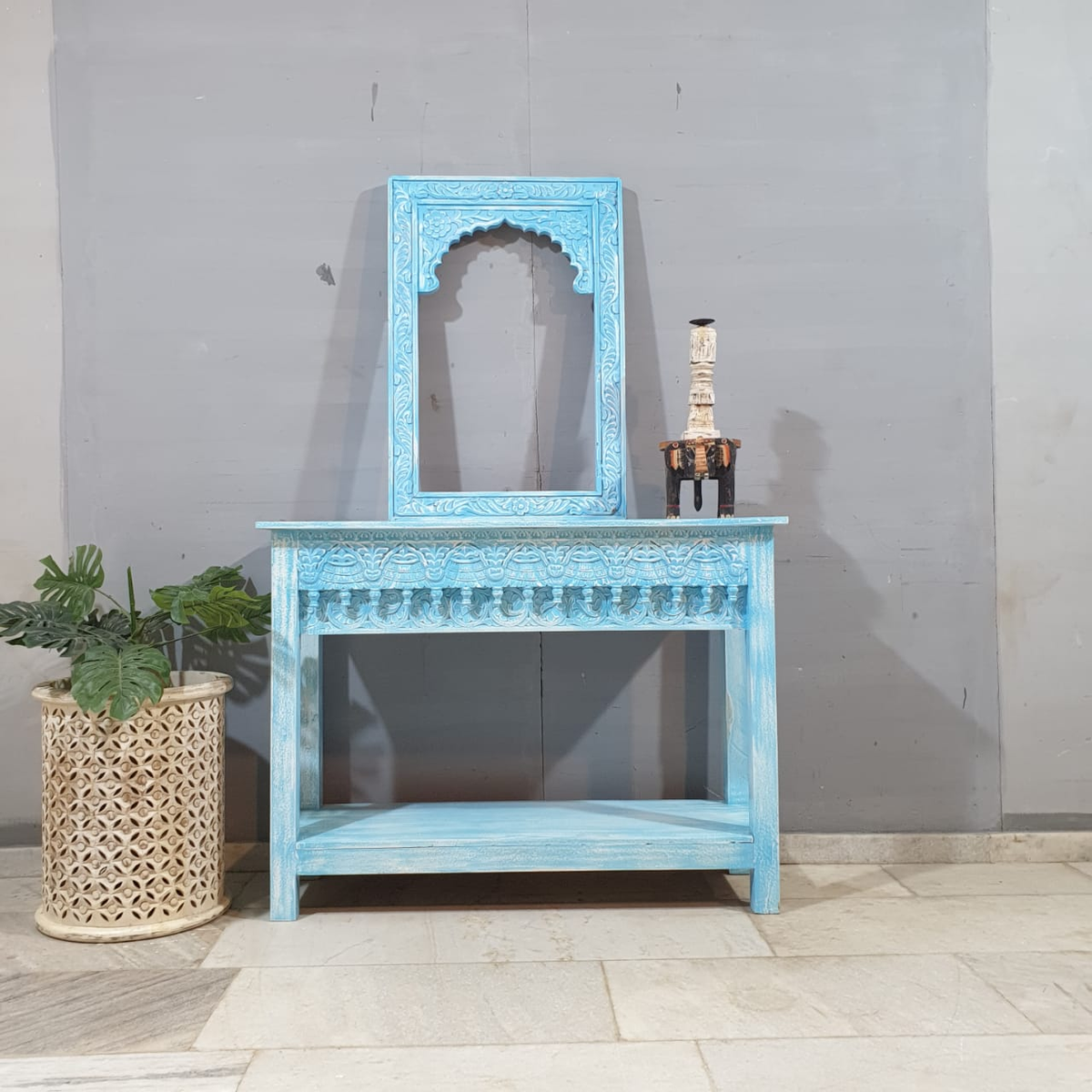 Handmade Indian Furniture Solid Hard Wood Carved Oriental Style Console table Light Blue 120x40x90Cm