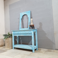 Handmade Indian Furniture Solid Hard Wood Carved Oriental Style Console table Light Blue 120x40x90Cm