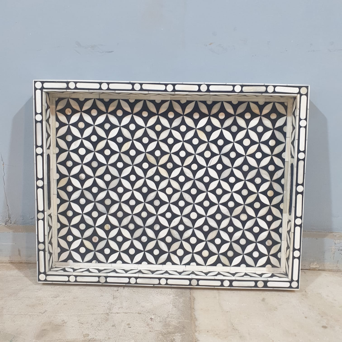 Bone Inlay Indian Homeware Serving Tray in Black Geometric Pattern