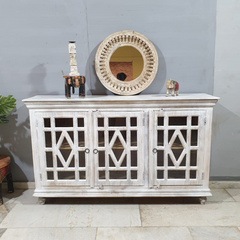 Indian Furniture Handmade Solid Wood Sideboard White Rustic Carved Jali Doors 150x45x90Cm