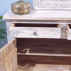 Handmade Indian Furniture Carved Solid Hard Wood 2 Door Cabinet All White