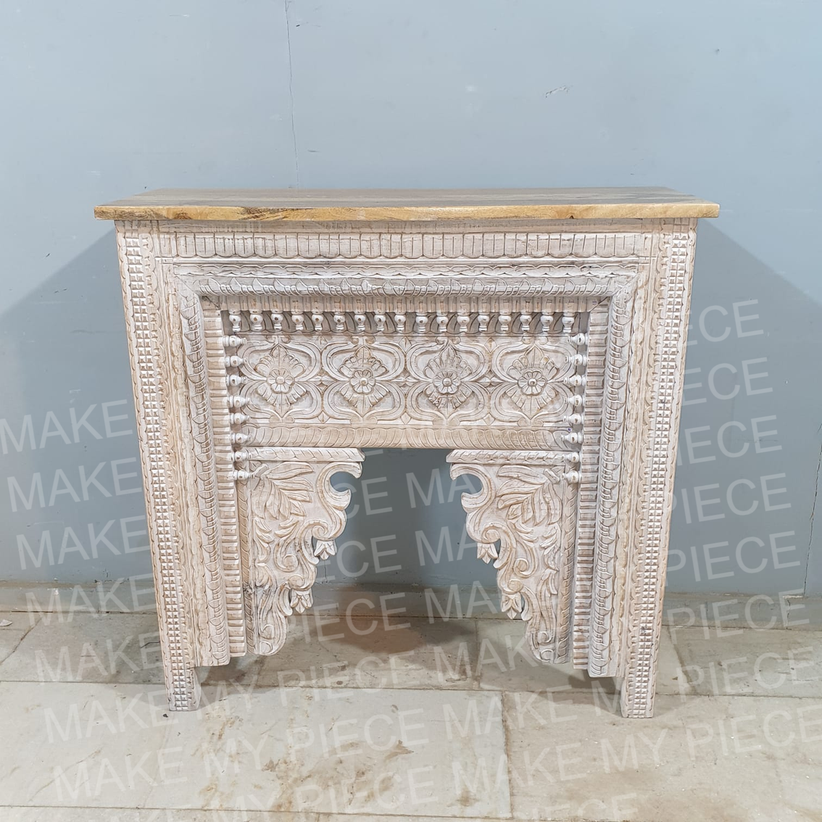 Sukhvinder Hand Carved Mango Wood Console Table Whitewash