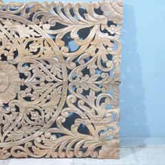 Handmade Indian Furniture Solid Mango Wood Floral Carvings Wall Panel Natural Finish