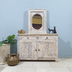 Handmade Indian Furniture Carved Solid Hard Wood 2 Door Cabinet All White