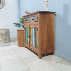 Handmade Indian Furniture Solid Hard Wood Carved 2 Door and 2 Drawers Cabinet Multicolor 90x40x90Cm