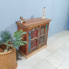 Handmade Indian Furniture Solid Hard Wood Carved 2 Doors Cabinet Multicolor 90x40x90Cm