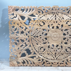 Handmade Indian Furniture Solid Mango Wood Floral Carvings Wall Panel Natural Finish