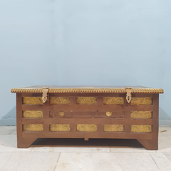 Handmade Indian Furniture Solid Mango Wood Coffee Table Blanket Box With Brass Work