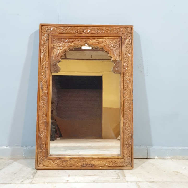 Handmade Indian Furniture Solid Hard Wood Mirror Frame Mehrab Carvings Walnut Color 60x90Cm