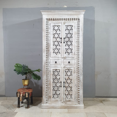 Handmade Indian Furniture Solid Hard Wood 4 Doors 2 Drawers Cabinet All White 100x50x220Cm