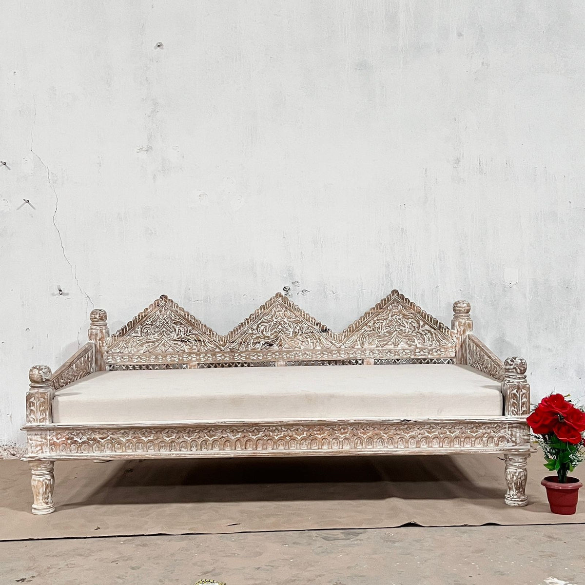 Handmade Indian Furniture Solid Hard Wood Rustic White 3 Seater Daybed Sofa 200x100x85Cm