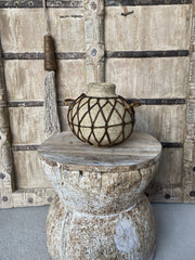 Wooden Oil Pot Paper Mache Round With Braided Leather B