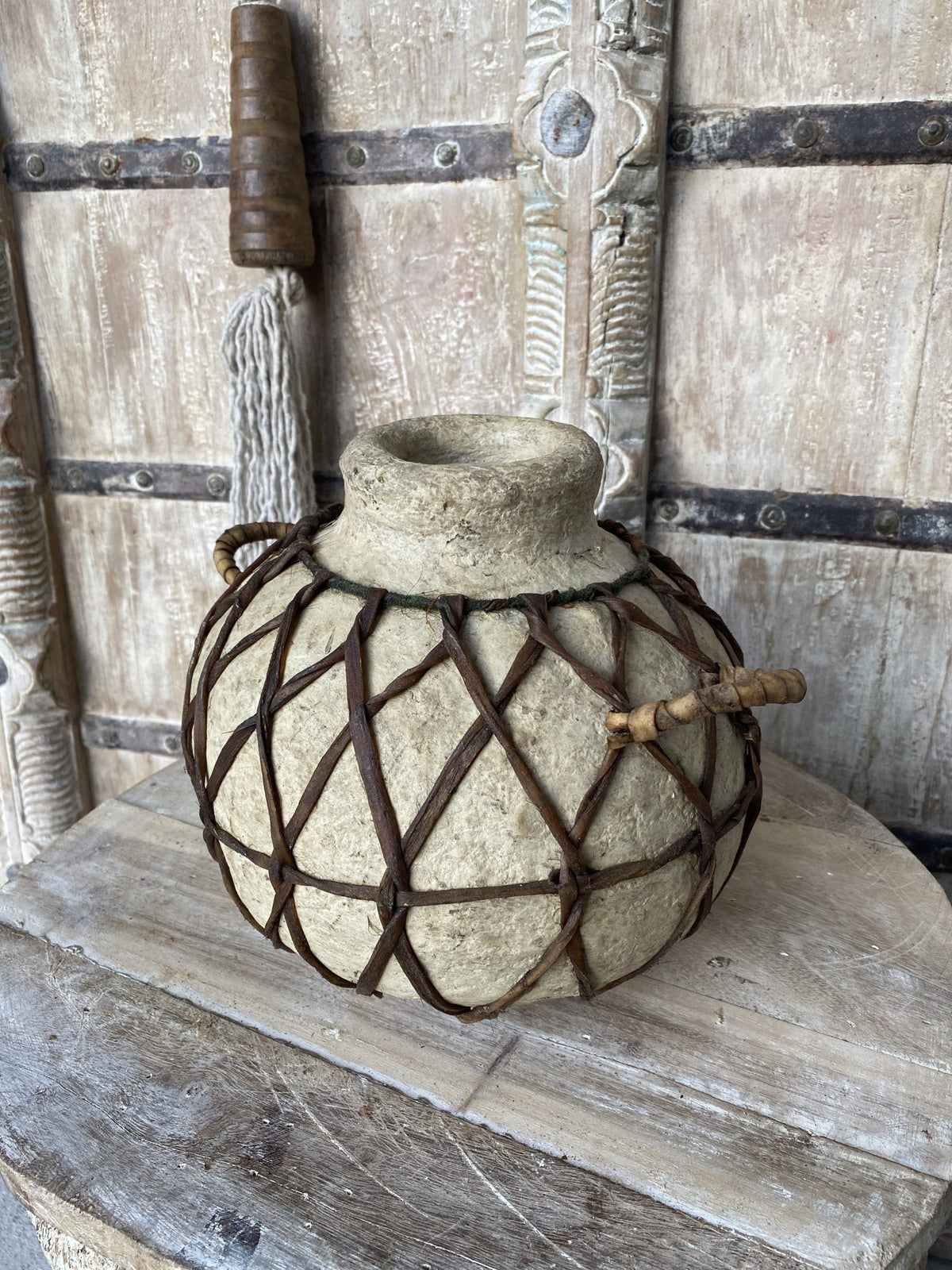 Wooden Oil Pot Paper Mache Round With Braided Leather B