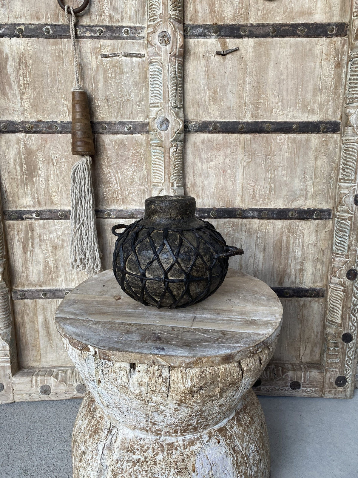 Wooden Oil Pot Paper Mache Round With Braided Leather