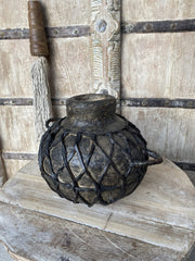 Wooden Oil Pot Paper Mache Round With Braided Leather