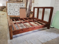 Hand Carved Indian Solid Wood Cube Sheesham Bed King Brown