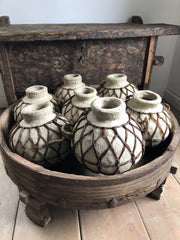 Wooden Oil Pot Paper Mache Round With Braided Leather B