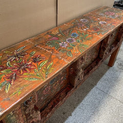 Antique Indian Hand Carved Solid Hard Wood Console Table in Floral Pattern In Orange 175x40x85Cm