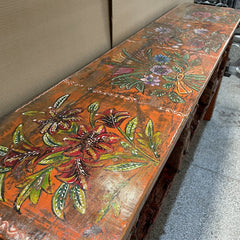 Antique Indian Hand Carved Solid Hard Wood Console Table in Floral Pattern In Orange 175x40x85Cm