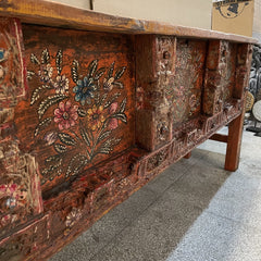 Antique Indian Hand Carved Solid Hard Wood Console Table in Floral Pattern In Orange 175x40x85Cm