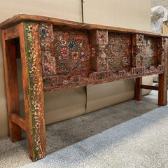 Antique Indian Hand Carved Solid Hard Wood Console Table in Floral Pattern In Orange 175x40x85Cm