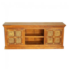 Indian Embossed Antique Brass work Solid wood Plasma Stand TV Unit 150cm