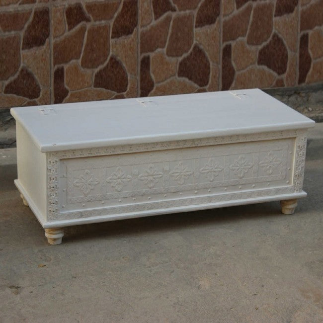 Hand Carved Floral Blanket Box White B