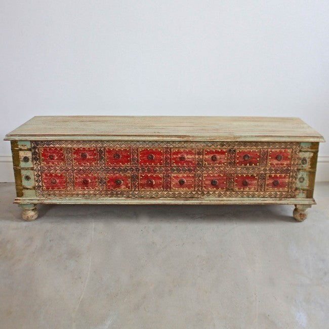 Indian Embossed Brass work Solid wood Blanket Box Coffee Table Chest Red