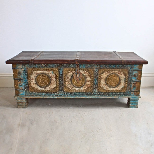 Indian Embossed Brass work Solid wood Blanket Box Coffee Table Chest Blue