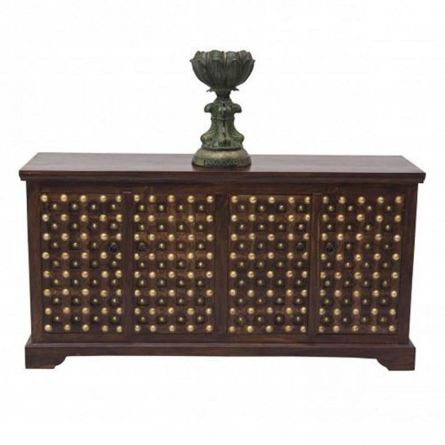 Mogra Brass Work Indian Antique Style Walnut Sideboard Buffet 160x40x85cm