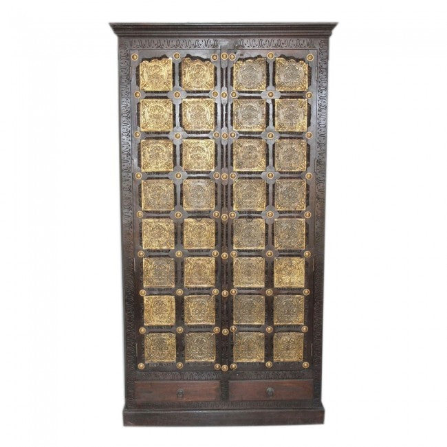 Indian Embossed Antique Brass work Solid wood Large Cabinet Pantry Cupboard