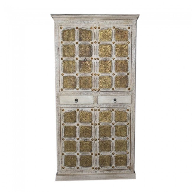 Indian Embossed Antique Brass work Solid wood White Large Cabinet Pantry 2m