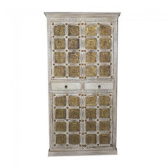 Indian Embossed Antique Brass work Solid wood White Large Cabinet Pantry 2m