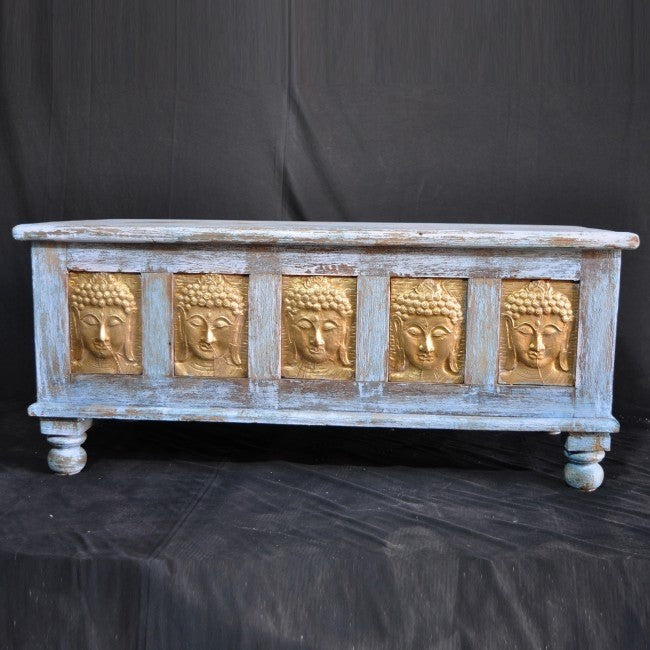 Indian Embossed Buddha Brass work Solid Blanket Box Coffee Table Chest Blue