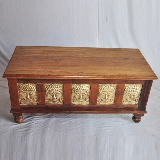 Indian Embossed Buddha Brass work Solid wood Blanket Box Coffee Table Chest