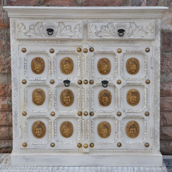 Indian Embossed Buddha Brass work Solid wood Small Sideboard Buffet White