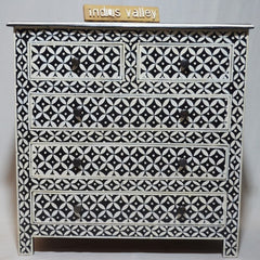 Bone Inlay Star Geometrical pattern Chest Of Drawer White Black