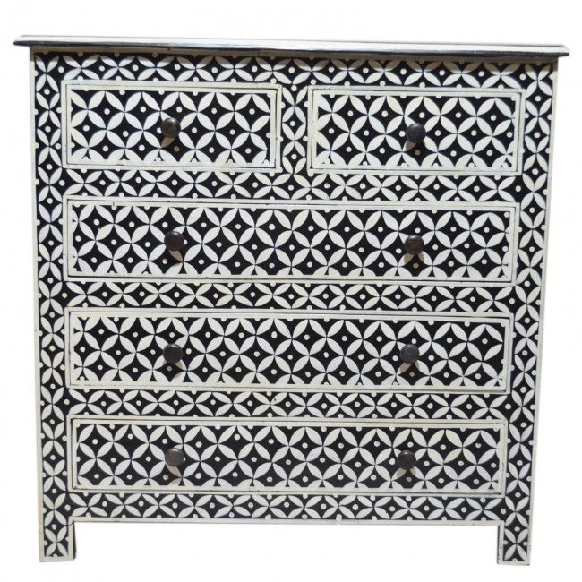 Bone Inlay Star Geometrical pattern Chest Of Drawer White Black