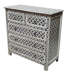 Bone Inlay Star Geometrical pattern Chest Of Drawer White Black