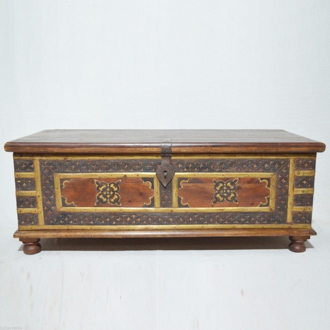 Indian Embossed Brass work Solid wood Blanket Box Coffee Table Chest Walnut