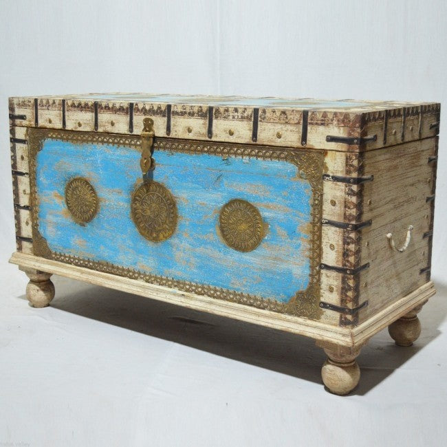 Indian Embossed Brass work Solid wood Blanket Box Coffee Table Chest White