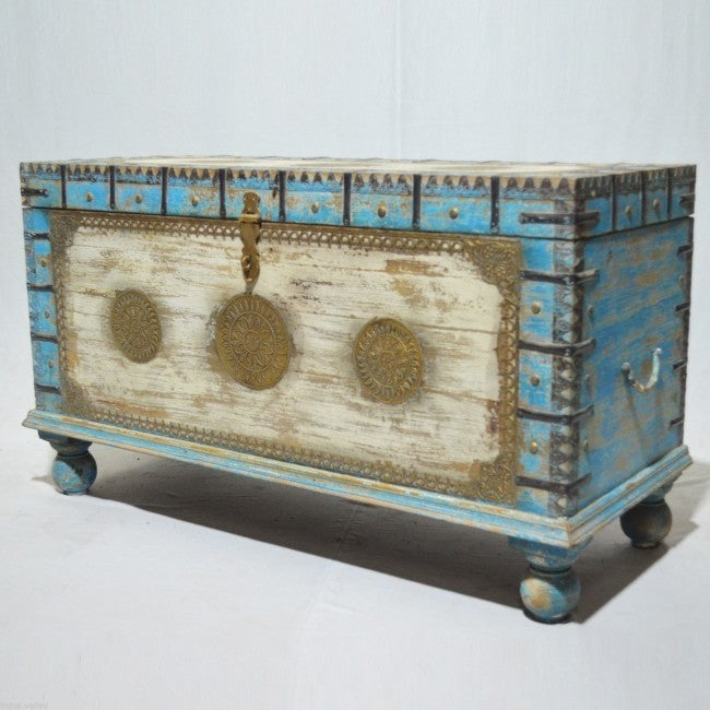 Indian Embossed Brass work Solid wood Blanket Box Coffee Table Chest Blue