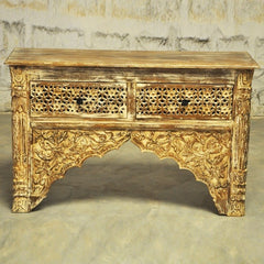 Indian Carved Cream Console Table With 2 Drawer